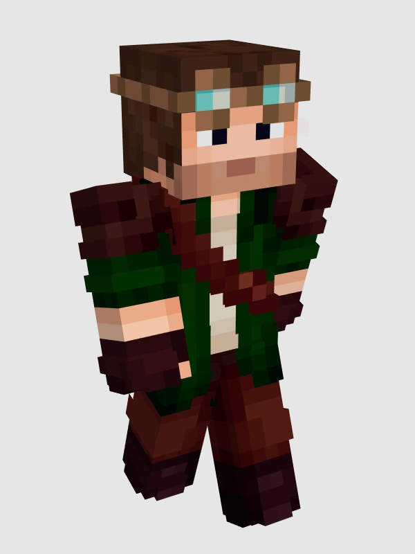 Cellbit's original skin. He has light skin, black eyes, and light brown hair with a bit of beard stubble. He wears a dark green short-sleeved shirt open over a white one, and brown pants tucked into combat boots. He also wears leather shoulder pads and a bag's strap across his body. He wears fingerless gloves and has steampunk goggles resting on his forehead.